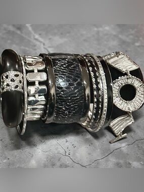 Vintage Chico's Black Silver Bracelet Stack Bangle Cuff Rhinestone Textured Lot